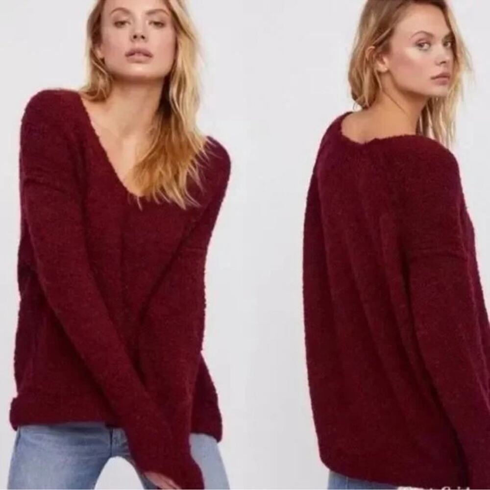 Free People Lofty V-neck alpaca chunky knit oversized sweater maroon